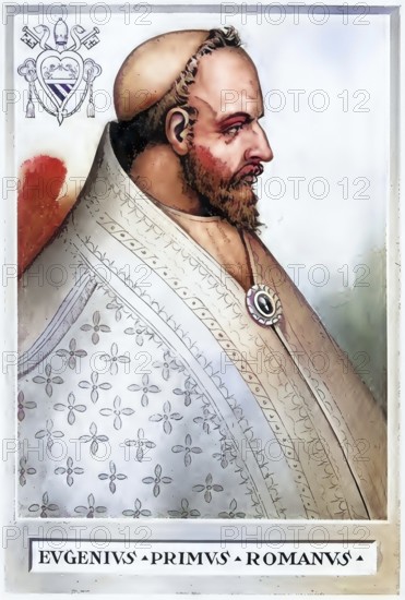 St. Eugene I (date of birth unknown, died 2 June 657) was elected pope on 10 August 654 as successor to Martin I, although his predecessor was still alive, Historical, authentic, digitally restored reproduction from a 19th century original, Record date not stated, subsequently coloured