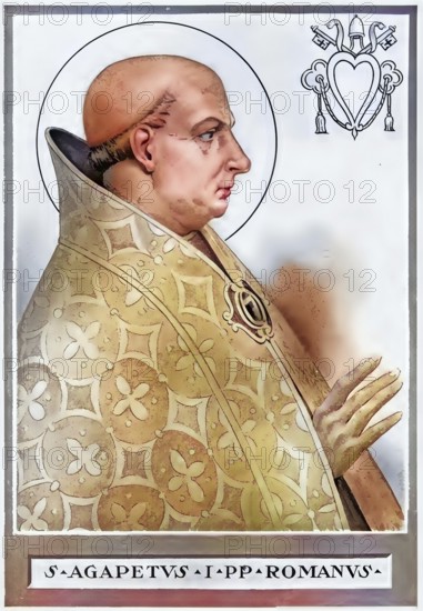 Agapitus I, also Agapetus or Agapet, born in front of 494 in Rome, died April 22, 536 in Constantinople, was Bishop of Rome from May 13, 535 until his death and thus Pope, historical, authentic, digitally restored reproduction of a 19th-century original, record date not stated, subsequently colored