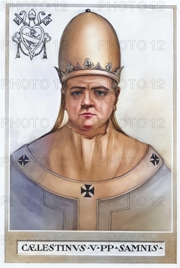 Coelestine V, civically Pietro da Morrone OSBCoel (also Petrus de Murrone or Pietro Angelari, born around 1209/1210 or around 1215 in Sant'Angelo Limosano or Isernia, (1) died 19 May 1296 in Fumone) was a hermit and founder of the Celestine Order in front of he was elected pope in July 1294, Historical, authentic, digitally restored reproduction from a 19th century original, record date not stated, subsequently coloured