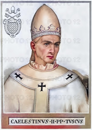Coelestine II, originally Guido di Castello, German Guido von Città di Castello, (died 8 March 1144) was pope from 26 September 1143 to 8 March 1144. His term of office lasted only five months and 13 days, he was buried in the Lateran, Historical, authentic, digitally restored reproduction from a 19th century original, Record date not stated, subsequently coloured