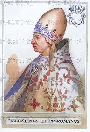 Coelestine III (born c. 1106 in Rome, died 8 January 1198 in Rome) was Pope of the Roman Catholic Church from 30 March 1191 until his death, Historical, authentic, digitally restored reproduction from a 19th century original, Record date not stated, subsequently coloured