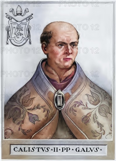 Calixtus II (lat. Calixtus or Callistus II), originally Guido of Burgundy or Guido of Vienne (born around 1060 in Quingey, died 13 December 1124 in Rome), was pope from 1119, historical, authentic, digitally restored reproduction from a 19th century original, record date not stated, subsequently coloured
