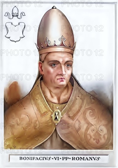 Boniface VI was informally appointed pope by the opponents of his predecessor Formosus in April 896. He had lost the office of presbyter earlier due to an immoral lifestyle. However, his pontificate did not last long, he died just 15 days after taking office, historical, authentic, digitally restored reproduction from a 19th-century model, record date not stated, subsequently colored