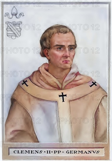 Clemens II, secular name Suitger (Suidger), Count of Morsleben and Hornburg (born 1005 in Hornburg, died 9 October 1047 in the monastery of San Tommaso in Foglia in Apsella di Montelabbate (1), was Pope from 1046 to 1047, Historical, authentic, digitally restored reproduction from a 19th century original, Record date not stated, subsequently coloured