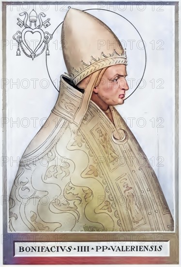 Pope Boniface IV (reigned 608-615) was a Benedictine monk who served under Pope Gregory the Great and promoted monasticism, his most important act was the rededication of the Roman Pantheon into a church for the Virgin Mary and all martyrs, thus celebrating the feast of All Saints (originally a memorial day of the martyrs), Historical, authentic, digitally restored reproduction from a 19th century original, Record date not stated, subsequently coloured