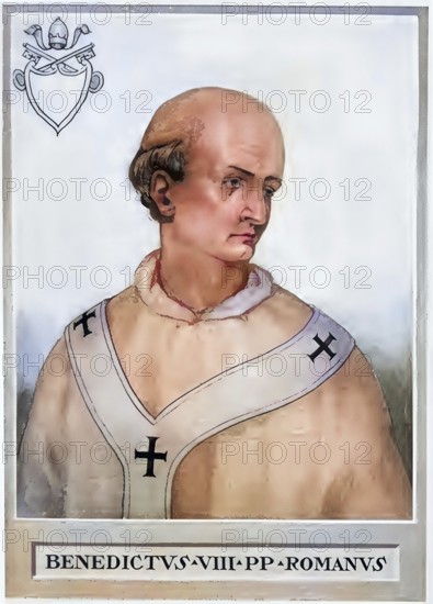Benedict VIII (in front of his election as Pope Theophylact II of Tusculum, born around 980 in Rome or Tusculum, (1) died 9 April 1024 in Rome) was Pope from 20 or 21 May 1012 until his death, Historical, authentic, digitally restored reproduction from a 19th century original, Record date not stated, subsequently coloured