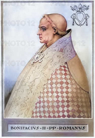 Boniface II (born in Rome, died 17 October 532) was Pope from 22 September 530 until his death, Historical, authentic, digitally restored reproduction from a 19th century original, Record date not stated, subsequently coloured