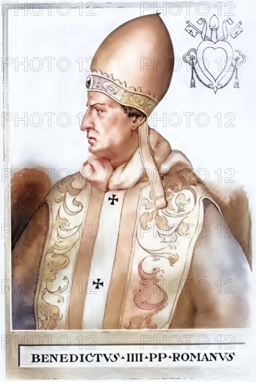 Benedict IV was pope from 900 to 903. He sided with Pope Formosus, who died in 896, and was involved in the struggles of Roman noble families, historical, authentic, digitally restored reproduction of a model from the 19th century, record date not stated, subsequently colored
