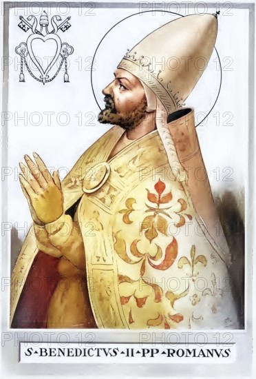 Saint Benedict II (born in Rome, died 8 May 685, ibid.) was pope from 683 to 685, Historical, authentic, digitally restored reproduction from a 19th century original, Record date not stated, subsequently coloured