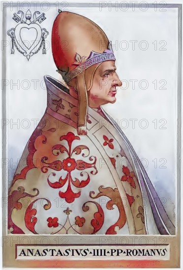 Anastasius IV (born around 1073 in Rome, died 3 December 1154 in Rome), originally Conrad of Suburra (also Corrado della Suburra), was elected Pope on 8 July 1153 as successor to Eugene III and crowned on 12 July 1153, Historical, authentic, digitally restored reproduction from a 19th century original, Record date not stated, subsequently coloured