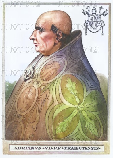 Hadrian VI, whose civil name was Adriaan Floriszoon Boeyens or Adriaan Florisz d'Edel, then spelled Adriaen Floriszoon Boeiens, also known in German as Adrian von Utrecht (born 2 March 1459 in Utrecht, died 14 September 1523 in Rome), was pope from 9 January 1522 until his death. September 1523 in Rome), was Pope of the Roman Catholic Church from 9 January 1522 until his death, Historical, authentic, digitally restored reproduction from a 19th century original, Record date not stated, subsequently coloured