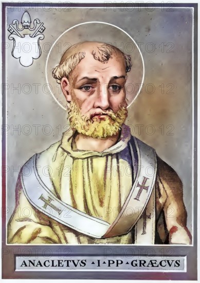 Anaclet, also Anencletos, Anencletus, Anacletus, is considered the second successor of Simon Peter in the leadership of the Christian community of Rome, which he is said to have held for a period of several years between 76 and 95, historical, authentic, digitally restored reproduction of an original from the 19th century, record date not stated, subsequently colored