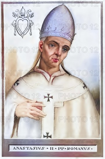 Anastasius II (born in Rome, died 19 November 498 ibid. (1) was pope from 24 November 496 until his death, historical, authentic, digitally restored reproduction from a 19th century original, record date not stated, subsequently coloured