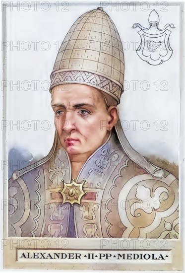 Alexander II, previously Anselmo da Baggio (born around 1010 to 1015 in Baggio near Milan, died 21 April 1073 in Rome), was pope from 1061 until his death in 1073, Historical, authentic, digitally restored reproduction from a 19th century original, Record date not stated, subsequently coloured