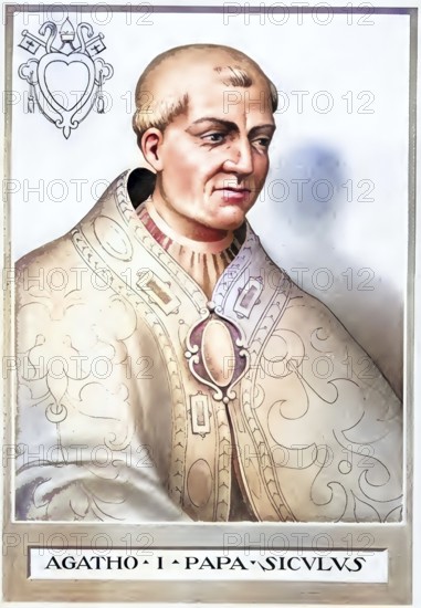 Agatho, also Agathon, died January 10, 681 in Rome, was Pope from 678 to 681, historical, authentic, digitally restored reproduction from a model from the 19th century, record date not stated, subsequently colored