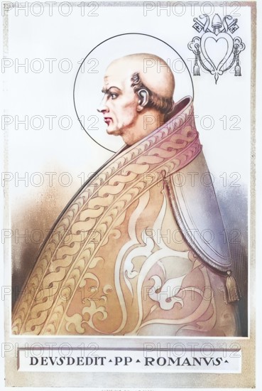 Adeodatus I, also known as Deusdedit I, died November 8, 618 in Rome, was Pope from October 19, 615 until his death, historical, authentic, digitally restored reproduction of a model from the 19th century, record date not stated, subsequently colored