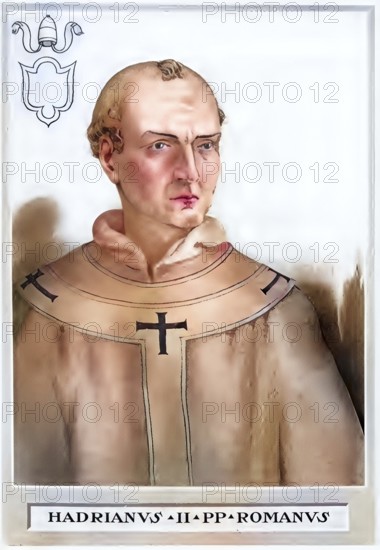 Hadrian II (born 792, died 14 December 872 in Rome) was pope for exactly five years from his enthronement on 14 December 867 until his death in 872, Historical, authentic, digitally restored reproduction from a 19th century original, Record date not stated, subsequently coloured