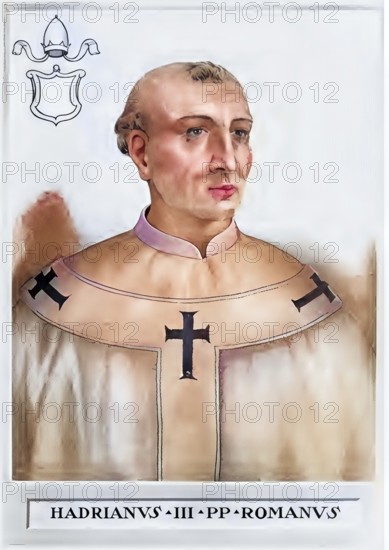 Hadrian III (died 17 September 885 in San Cesario sul Panaro near Modena, Northern Italy) was a Roman clergyman. He was Pope from May 884 until his death in 885, Historical, authentic, digitally restored reproduction from a 19th century original, Record date not stated, subsequently coloured