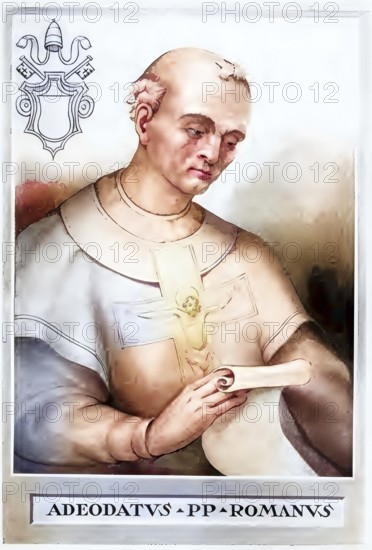 Pope Adeodatus II, also Deodatus II, died 676, was bishop of Rome from 672 to 676, a Benedictine monk who focused on improving monastic discipline and restoring churches without interfering heavily in political disputes but rejected monotheletism, historical, authentic, digitally restored reproduction of a 19th-century original, record date not stated, Colored afterwards