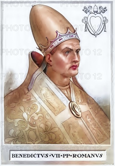 Benedict VII (born in Rome, died 10 July 983 (1) in Rome) was pope from 974 to 983, the son of Deodat, grandson of Alberich II of Spoleto and nephew of John XII. He became the fourth pope from the family of the Counts of Tusculum, Historical, authentic, digitally restored reproduction from a 19th century original, record date not stated, subsequently coloured