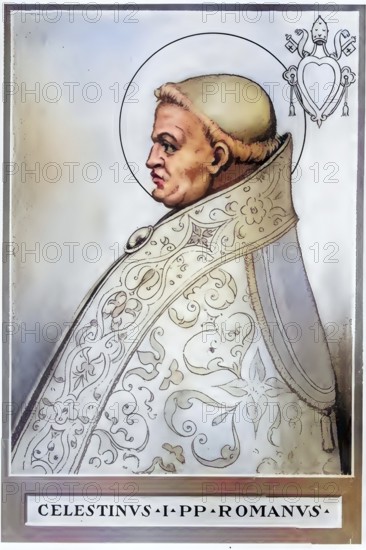 Coelestine I (Latin: the Celestial, born in front of 10 September 422, died 27 July 432) was Pope and Bishop of Rome from 10 September 422 to 27 July 432. He is one of the saints and promoted the church doctrine of Mary as the Mother of God, Historical, authentic, digitally restored reproduction from a 19th century original, Record date not stated, subsequently coloured