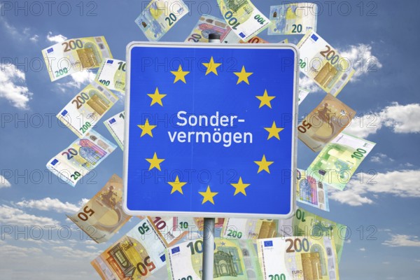 (Photo montage) Text SPECIAL ASSETS on the border sign of the Federal Republic of Germany with euro banknotes in the background