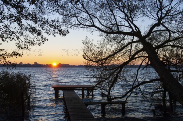 Banks of Schaalsee near Sonneuafgang mit Steg, Zarrentin, Mecklenburg-Western Pomerania, Germany