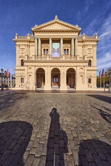 Mecklenburgisches Staatstheater, theatre, historic building, architect Georg Daniel, neo-Renaissance style, cobblestones, photographer's own shadow, blue sky, cirrus clouds, Alter Garten street, Schwerin, state capital, district-free city, Mecklenburg-Western Pomerania, Germany