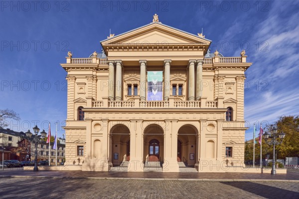 Mecklenburgisches Staatstheater, theatre, historic building, architect Georg Daniel, neo-Renaissance style, cobblestones, lantern, trees, blue sky, cirrus clouds, Alter Garten street, Schwerin, state capital, district-free city, Mecklenburg-Western Pomerania, Germany