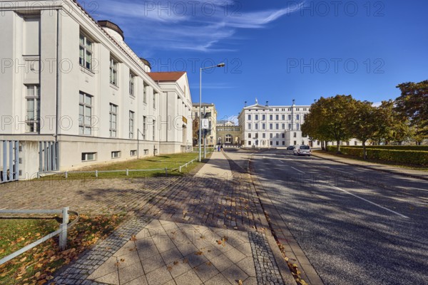 State Chancellery, former college building, state archive, historic building, lantern, trees, meadow, blue sky, cirrus clouds, Klosterstraße, Graf-Schack-Allee, Schwerin, state capital, district-free city, Mecklenburg-Western Pomerania, Germany