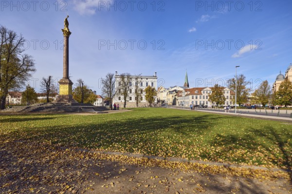 Victory column, general architecture, houses, trees with autumn leaves, meadow, fallen leaves, lantern, blue sky, cumulus clouds, cirrostratus clouds, street Schlossstraße, Schwerin, state capital, district-free city, Mecklenburg-Western Pomerania, Germany