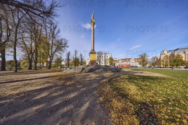 Victory column, general architecture, houses, trees with autumn leaves, meadow, fallen leaves, blue sky, cumulus clouds, cirrostratus clouds, Schwerin, state capital, district-free city, Mecklenburg-Western Pomerania, Germany