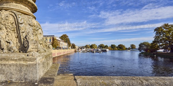 Lake Schweriner Innensee, balustrade, sandstone wall, sandstone pillars, general architecture, trees, marina, depth of focus with blurred background, blue sky, altocumulus clouds, cumulus clouds, castle bridge, Lennéstraße, Schwerin, state capital, district-free city, Mecklenburg-Western Pomerania, Germany
