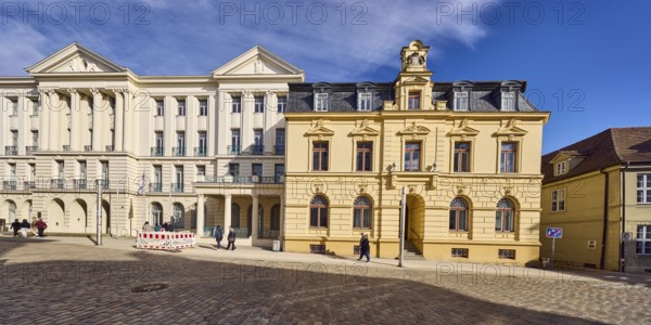 Ministry of Finance and Digitalization, former Hotel Nordischer Hof, neoclassicism style, architect Georg Rönsch, former Grand Ducal household building, cobblestone street, blue sky, cirrus clouds, intersection of Schlossstraße with Ritterstraße, Schwerin, state capital, district-free city, Mecklenburg-Western Pomerania, Germany