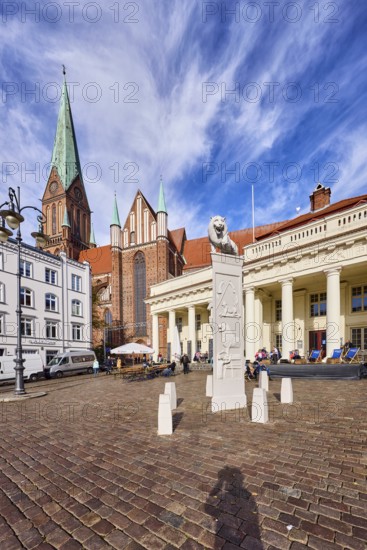 Schwerin Cathedral, St. Mary's Cathedral in Schwerin - Ev. -Luth. Schwerin Cathedral, brick Gothic, neo-Gothic style, lion monument, monument to Henry the Lion, historic building, tower, cobblestone square, lantern, natural shade, blue sky, cirrus clouds, Am Markt, market square, Schwerin, state capital, district-free city, Mecklenburg-Western Pomerania, Germany
