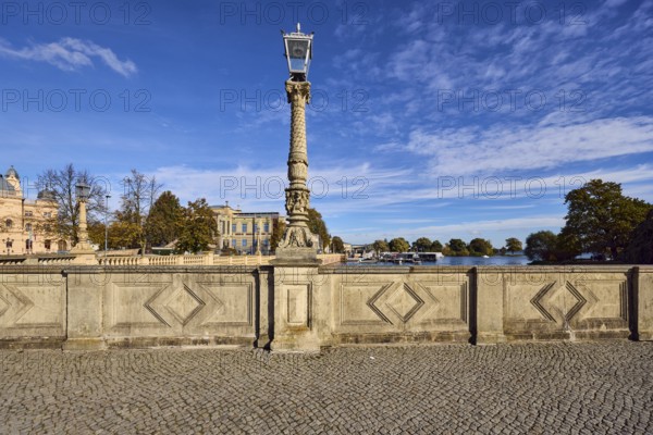 Sandstone wall, lantern, paving stone sidewalk, general architecture, trees, Schweriner Innensee lake, blue sky, altocumulus clouds, cumulus clouds, castle bridge, Lennéstraße, Schwerin, state capital, district-free city, Mecklenburg-Western Pomerania, Germany