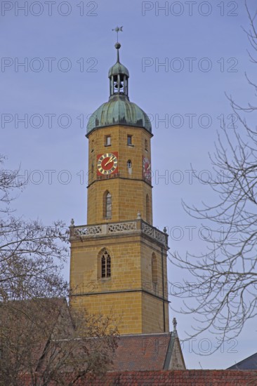 Church tower of St. Blasius city church built in the 14th century, Bopfingen, Härtsfeld, Swabian Jura, Baden-Württemberg, Germany