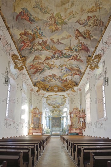 Baroque ceiling fresco by Johann Nikolaus Stuber, looking up, interior photo, handicrafts, painting, ceiling painting, castle church, Teutonic Order Castle, Bad Mergentheim, Tauber Franconia, Franconia, Baden-Württemberg, Germany