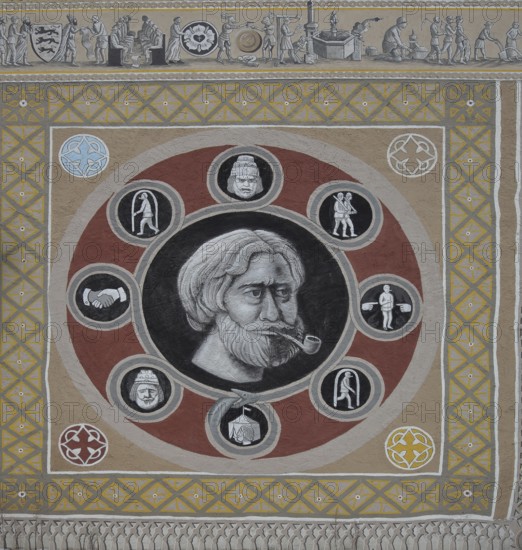 Historical wall by artist group Kollektiv K 2020, historical paintings on the history of the city, contemporary history, house façade, street art, mural, circle, square and head with pipe, eels, Swabian Jura, Baden-Württemberg, Germany