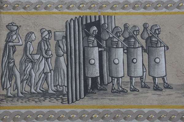 Historical wall by artist group Kollektiv K 2020, wall painting with historical city history, from Stone Age to Roman period, Roman soldiers, Romans, contemporary history, house façade, street art, mural, eel, Swabian Jura, Baden-Württemberg, Germany