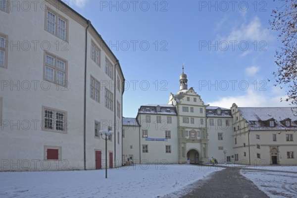 Teutonic Order Castle with Portal and Castle Garden Winter with Snow, Bad Mergentheim, Tauber Franconia, Baden-Württemberg, Germany