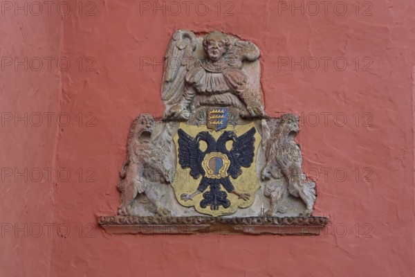 City coat of arms with double eagle, Old Town Hall, Market Square, Bopfingen, Härtsfeld, Swabian Jura, Baden-Württemberg, Germany