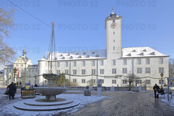 Deutschordenschloss with wind tower and bowl fountain in winter with snow, Deutschordenplatz, Bad Mergentheim, Tauber Franconia, Franconia, Baden-Württemberg, Germany