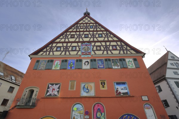 Old town hall built in 1586 with wall painting and Christmas decoration, half-timbered house, market square, Bopfingen, Swabian Jura, Baden-Württemberg, Germany