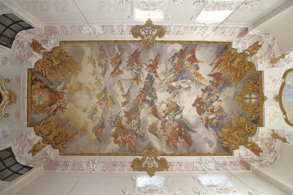 Baroque ceiling fresco by Johann Nikolaus Stuber, looking up, interior photo, handicrafts, ceiling painting, castle church, Teutonic Order Castle, Bad Mergentheim, Tauber Franconia, Franconia, Baden-Württemberg, Germany