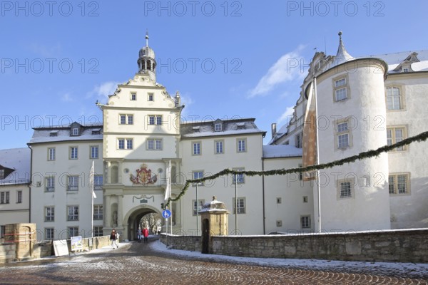 Portal of the Teutonic Order Castle in winter with snow, Castle, Bad Mergentheim, Tauber Franconia, Baden-Württemberg, Germany