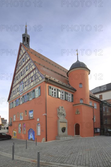 Old town hall built in 1586 with bay window and turret, half-timbered house, market square, Bopfingen, Swabian Jura, Baden-Württemberg, Germany