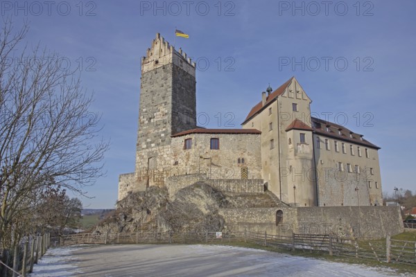 Katzenstein Castle built in the 11th century in winter, Dischingen, Härtsfeld, Swabian Jura, Baden-Württemberg, Germany