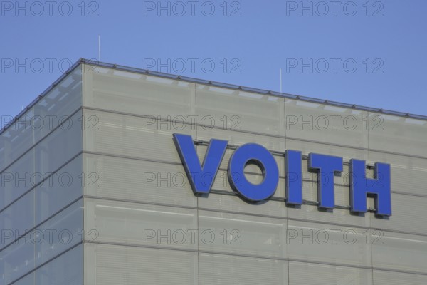 Voith company emblem with blue inscription, company, industry, steel production, mechanical engineering, Heidenheim an der Brenz, Swabian Alb, Baden-Württemberg, Germany