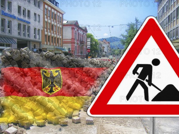 Symbolic picture, construction site Germany, economic development, standstill, zero growth, Bundestag, new government 2025, sign with a request!, world crisis, wars, autocracies, democracy in danger, imperative reforms, planning for the future, no politician squabbling, hope, partnership USA in danger, threat to Russia, NATO, cohesion, humanity, autocracy USA Trump